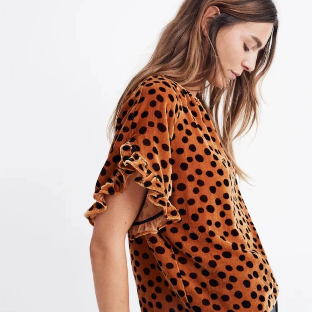 Madewell Velvet Leopard Ruffle Sleeve Top Size XS - Picture 2 of 16